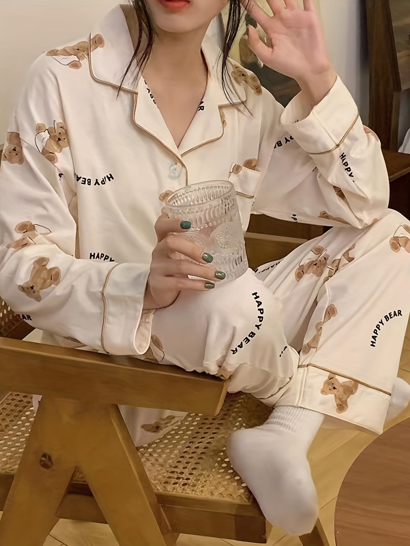 Cartoon Bear Print Pajama Set, Cute Lapel Long Sleeve Blouse Top & Elastic Waistband Pants, Women's Loungewear & Sleepwear