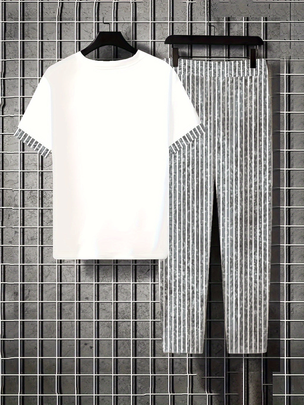 Dragonfly & Stripe Print Two-piece Set, Contrast Trim Crew Neck Top & Baggy Pants Outfits, Women's Clothing