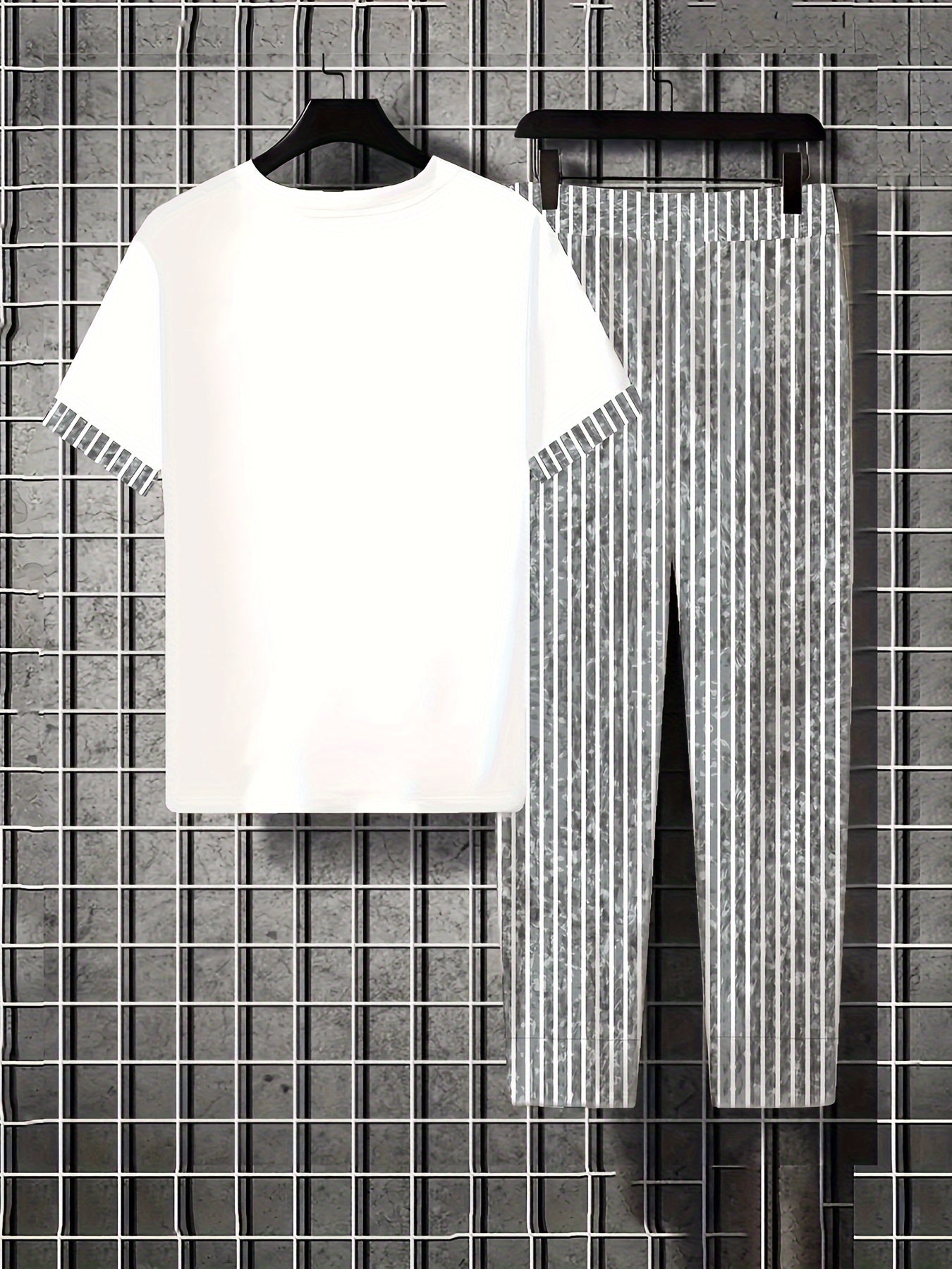 Dragonfly & Stripe Print Two-piece Set, Contrast Trim Crew Neck Top & Baggy Pants Outfits, Women's Clothing