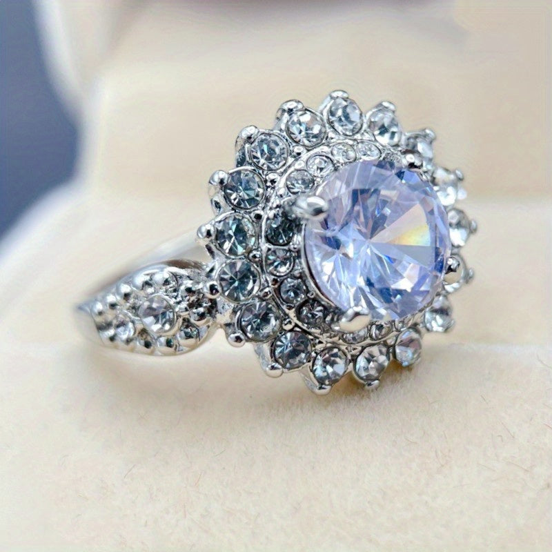 Elegant 925 Silver Plated Round Shaped Crystal Zirconia Ring For Women Anniversary Party Wedding Accessories Jewelry