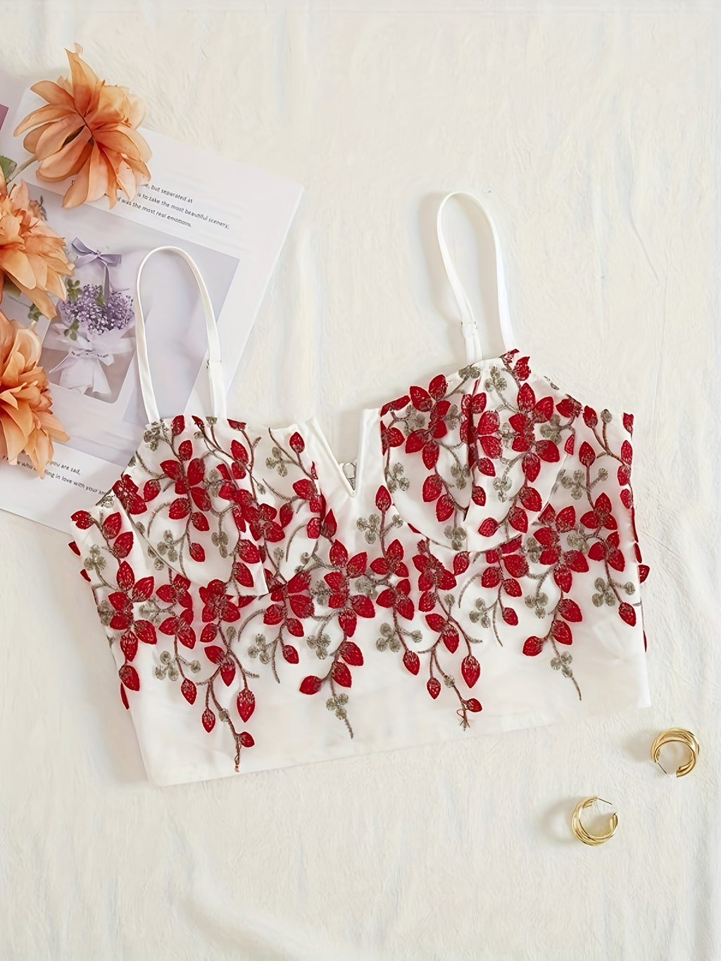 Vibrant Coquette Floral Embroidery V-Neck Slingback Tank Top - Elegant Summer Essential with Chain Details, Non-Stretch Polyester Fabric, Hand Wash Only, Solid Color Random Printing - Perfect for Young Women