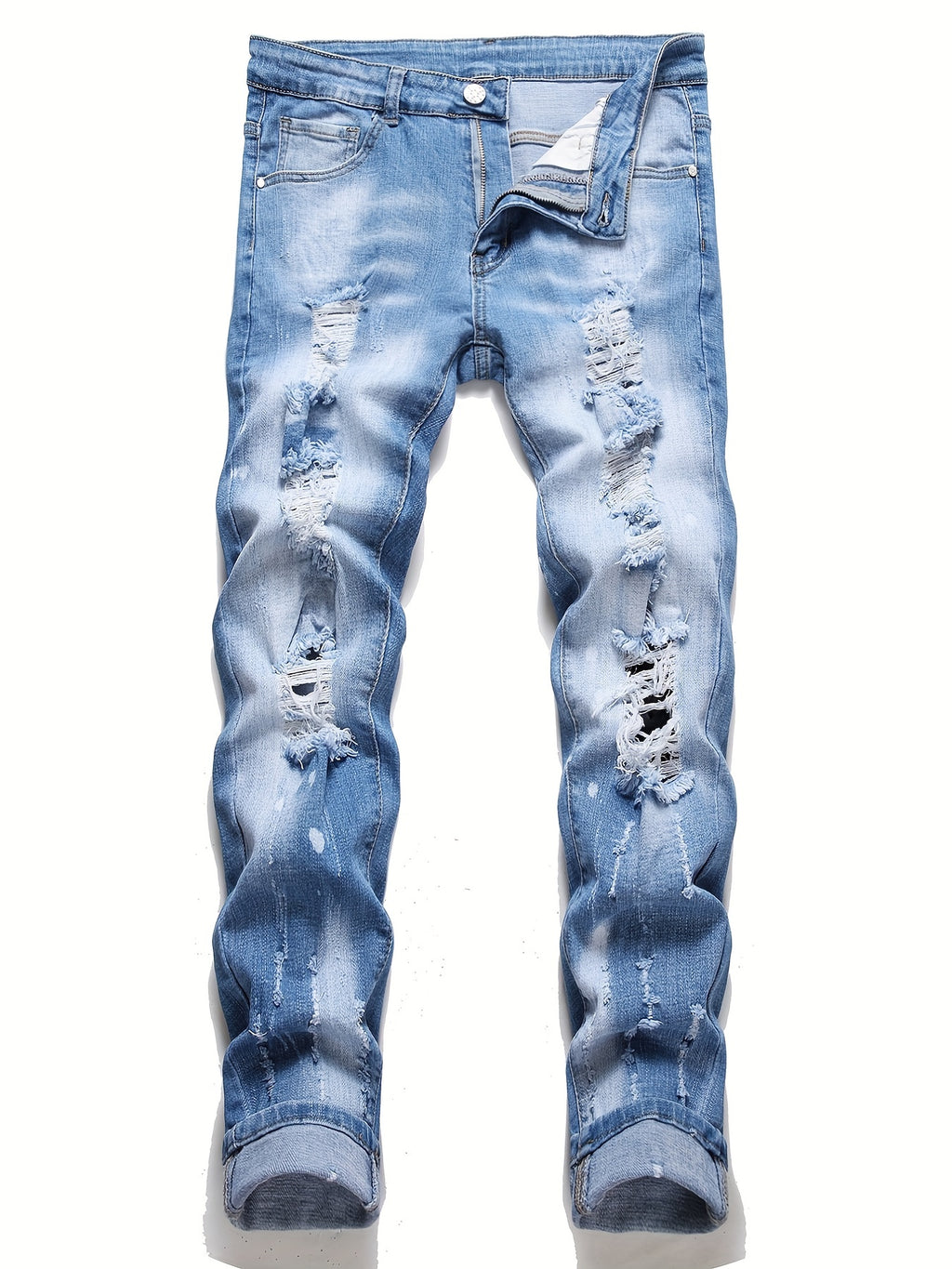 Men's Chic Slim Fit Ripped Jeans - Distressed Mid Stretch Denim Pants for Spring Summer Casual Street Style