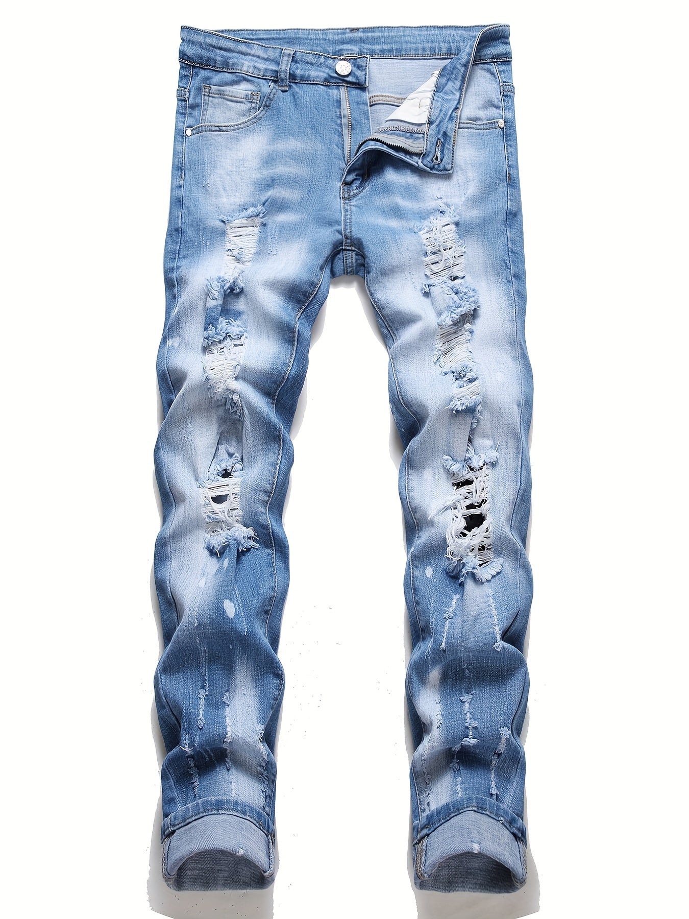 Men's Chic Slim Fit Ripped Jeans - Distressed Mid Stretch Denim Pants for Spring Summer Casual Street Style