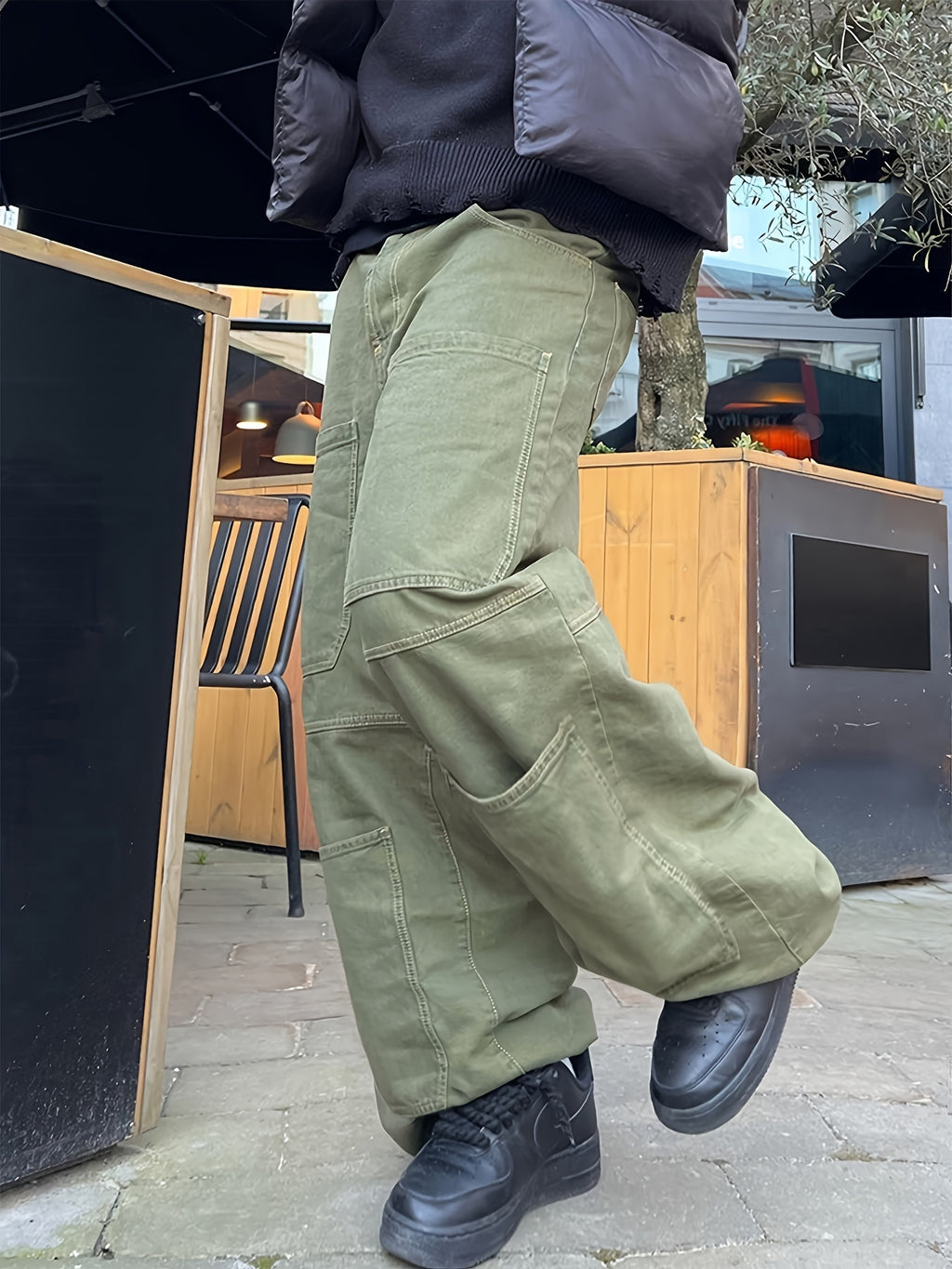 Retro Denim Men's Straight Leg Cargo Pants, Loose Baggy Pants Casual Outdoor Jeans Pants, Work Pants Hipster Streetwear Hiphop Rapper Style For Men