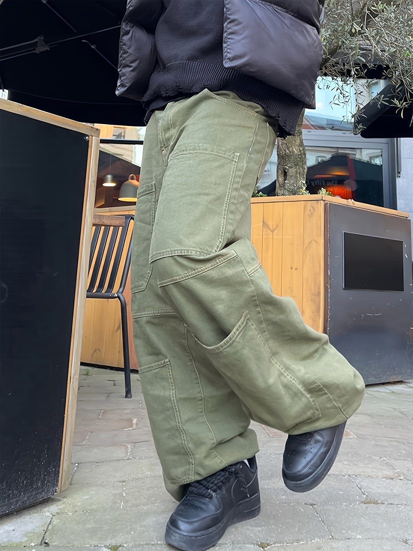 Retro Denim Men's Straight Leg Cargo Pants, Loose Baggy Pants Casual Outdoor Jeans Pants, Work Pants Hipster Streetwear Hiphop Rapper Style For Men