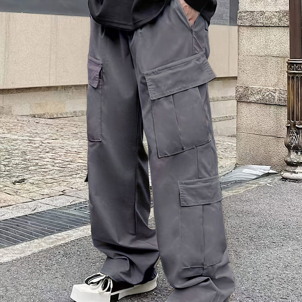 Solid Multi Flap Pockets Men's Straight Leg Cargo Pants, Loose Casual Outdoor Pants, Men's Work Pants Baggy Pants Trendy Streetwear K-pop