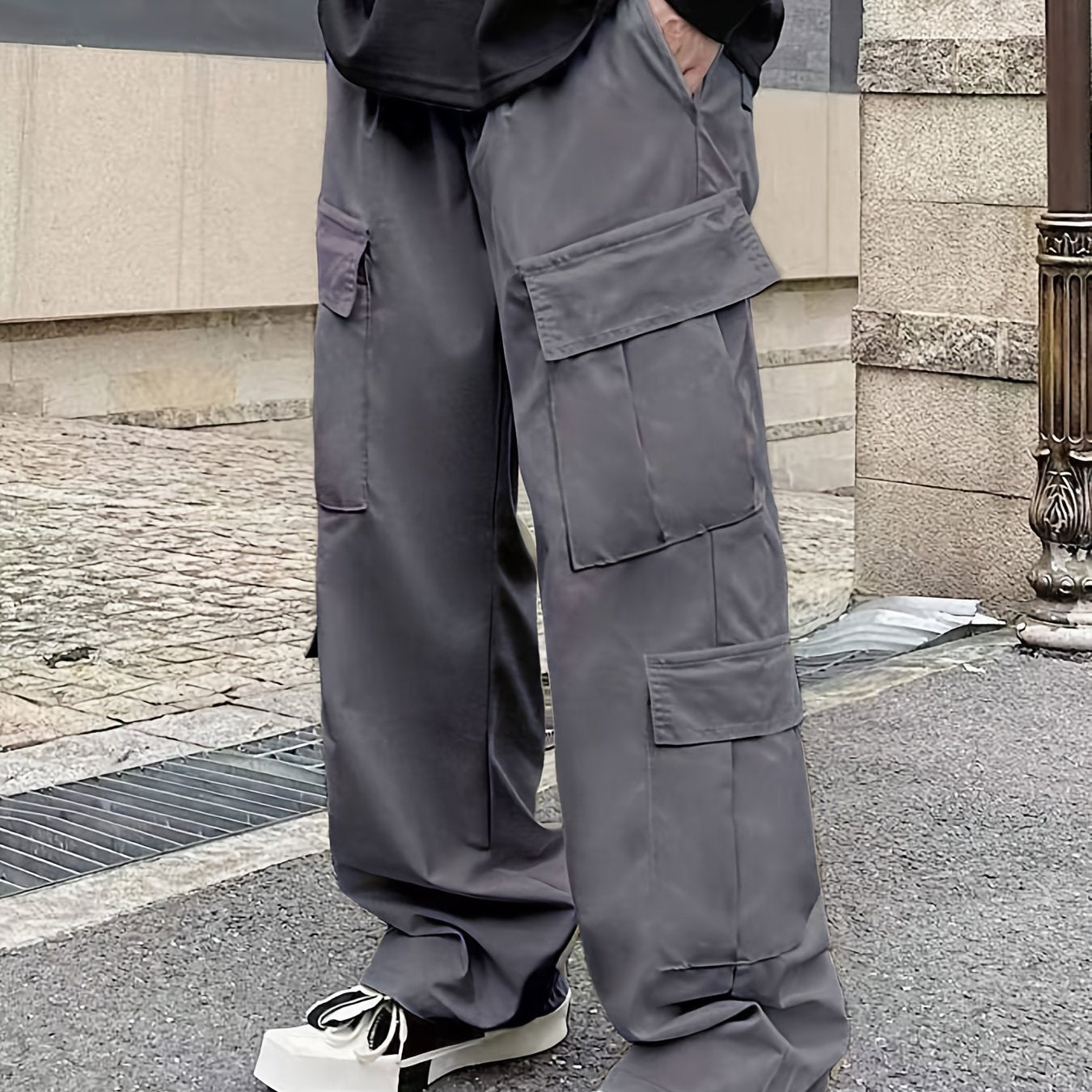 Solid Multi Flap Pockets Men's Straight Leg Cargo Pants, Loose Casual Outdoor Pants, Men's Work Pants Baggy Pants Trendy Streetwear K-pop