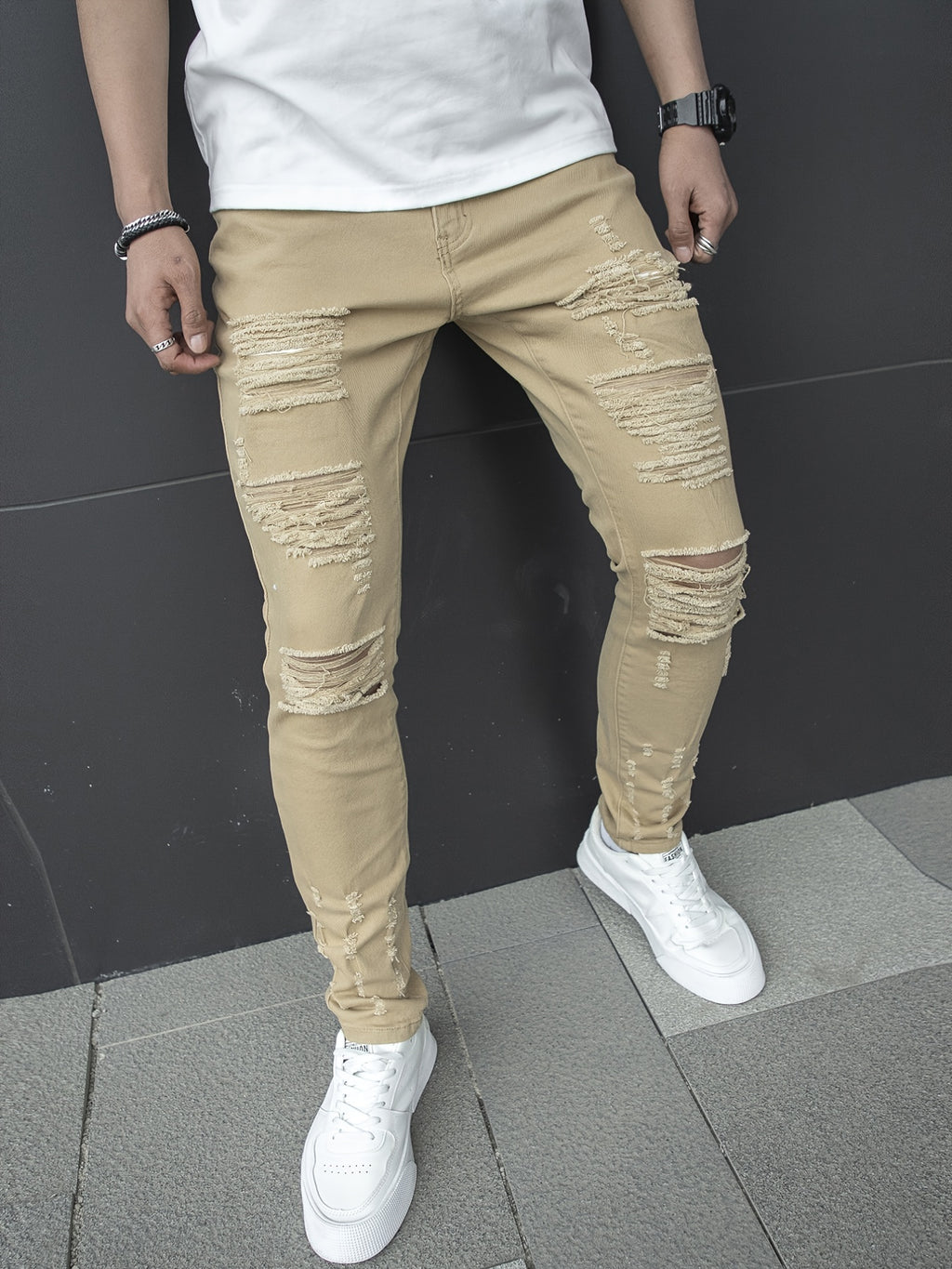 Men's Chic Slim Fit Ripped Jeans - Distressed Mid Stretch Denim Pants for Spring Summer Casual Street Style