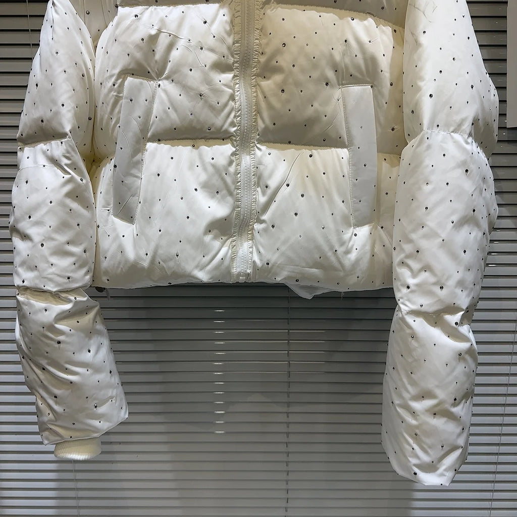 Winter Women Old Money Vintage Padded Jacket Rhinestone Puffer Jacket Stand Collar Outwear Old Money Thick Warm Luxury Aesthetic