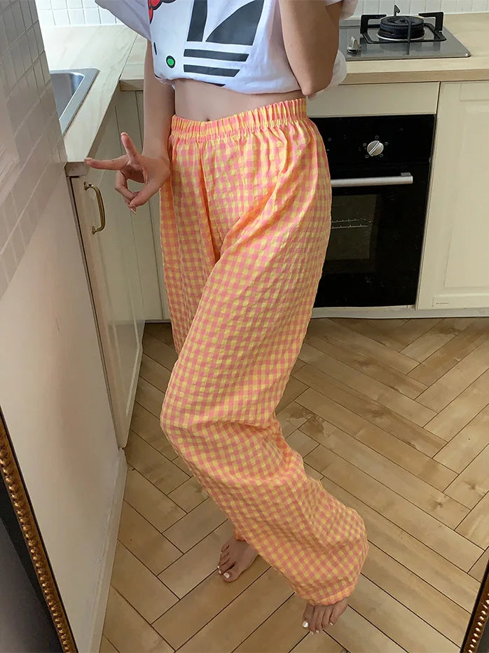 New Summer Loose Plaid Pants Pants Pants Thin Ins Korean Version of  Home Pants Casual Pajama Pants Wide-Legged Pants