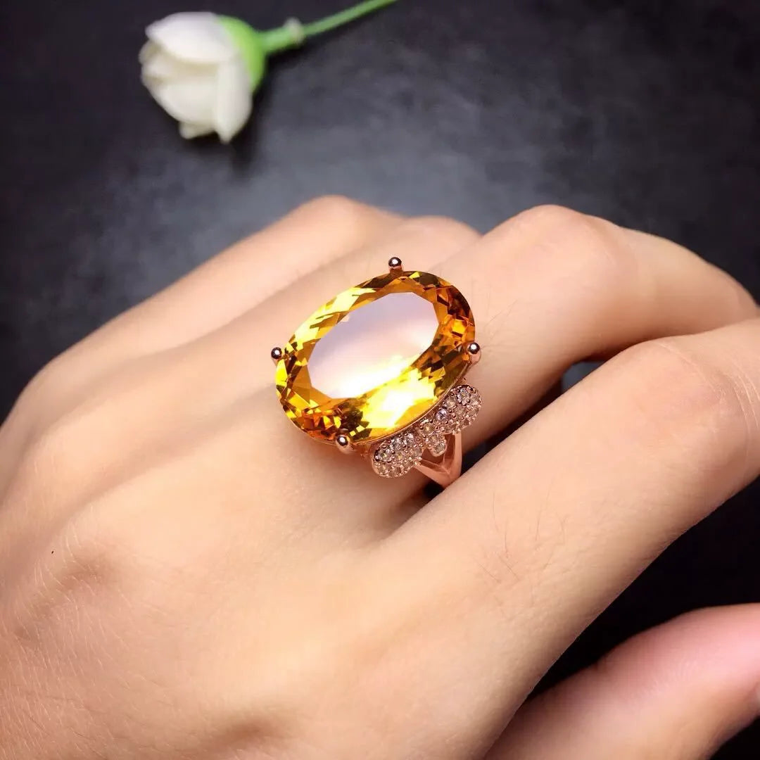 Natural Yellow Citrine Quartz Adjustable Ring 20x15mm 925 Silver Woman Citrine Clear Bead Wealthy Stone AAAAA