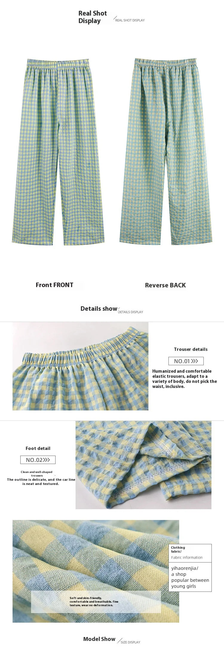 New Summer Loose Plaid Pants Pants Pants Thin Ins Korean Version of  Home Pants Casual Pajama Pants Wide-Legged Pants
