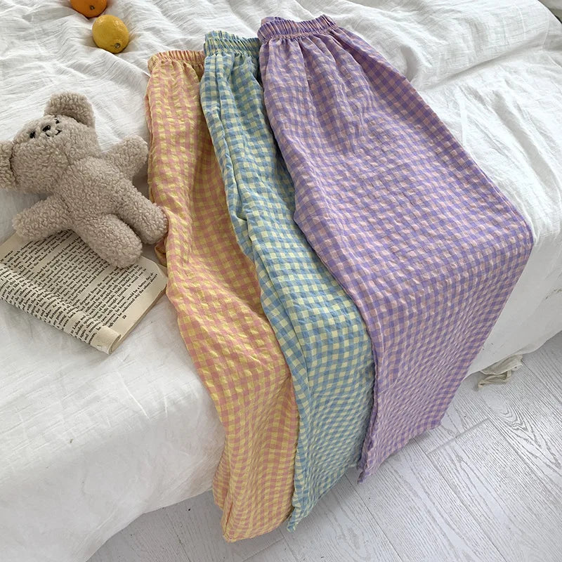 New Summer Loose Plaid Pants Pants Pants Thin Ins Korean Version of  Home Pants Casual Pajama Pants Wide-Legged Pants