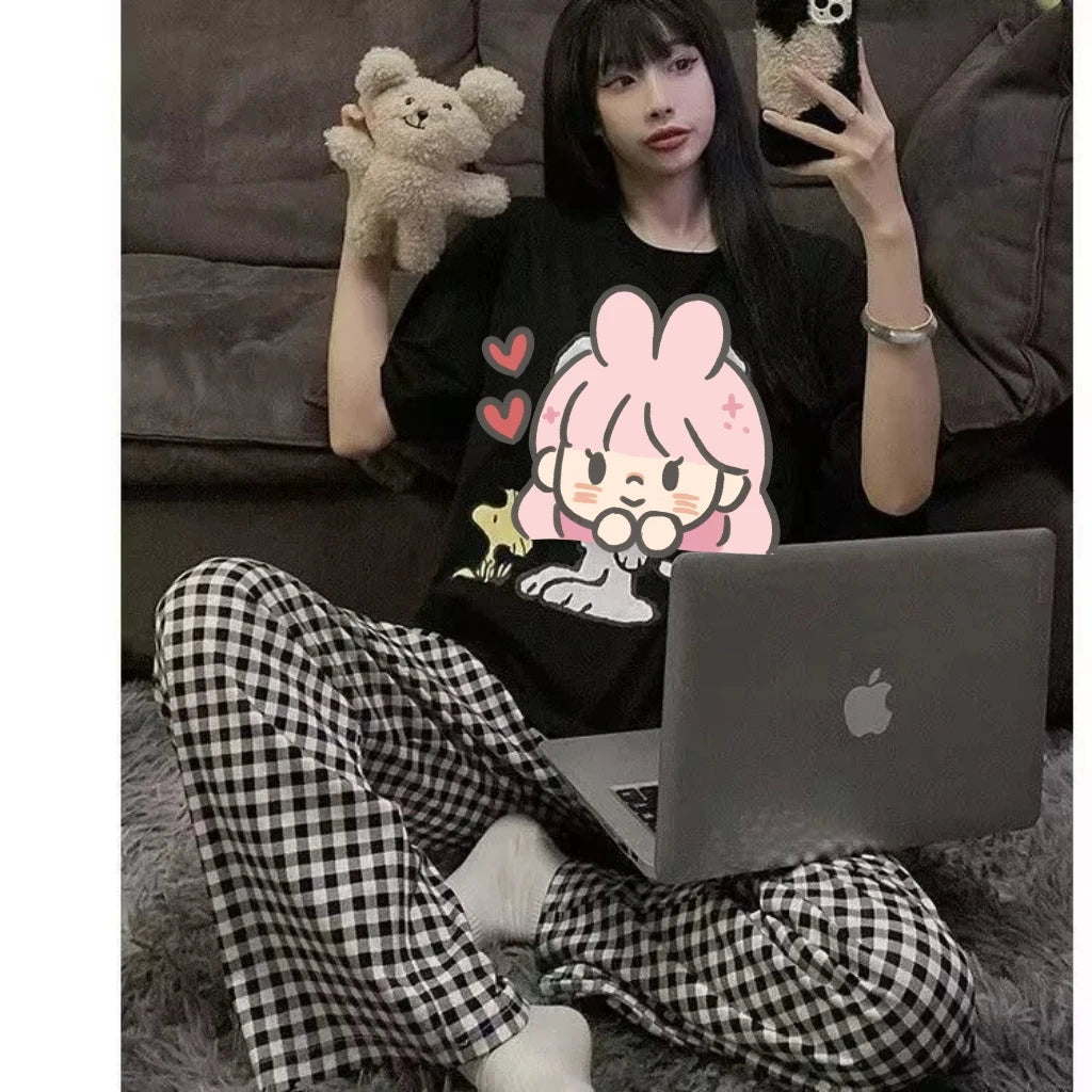 New Summer Loose Plaid Pants Pants Pants Thin Ins Korean Version of  Home Pants Casual Pajama Pants Wide-Legged Pants