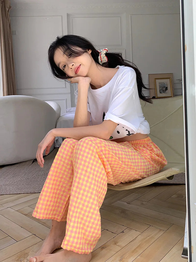 New Summer Loose Plaid Pants Pants Pants Thin Ins Korean Version of  Home Pants Casual Pajama Pants Wide-Legged Pants