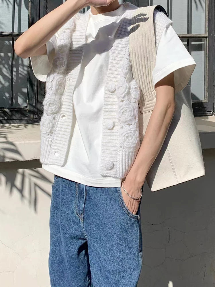 Women Handmade Rose 3D Floral Knit Cardigan 2024 Crochet Vest Old Money Style Feminine Sweater