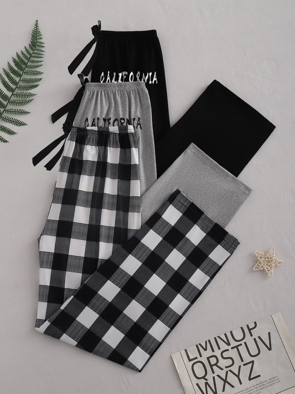 3Pcs Casual comfort simple pattern print black pants Gray pants plaid pants Three pants women's pajama pants