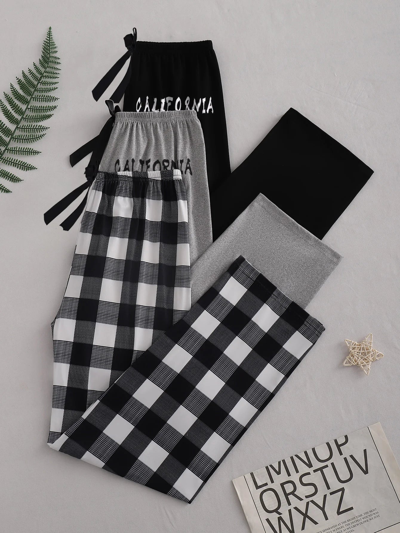 3Pcs Casual comfort simple pattern print black pants Gray pants plaid pants Three pants women's pajama pants
