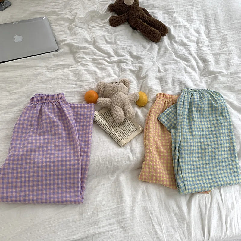 New Summer Loose Plaid Pants Pants Pants Thin Ins Korean Version of  Home Pants Casual Pajama Pants Wide-Legged Pants