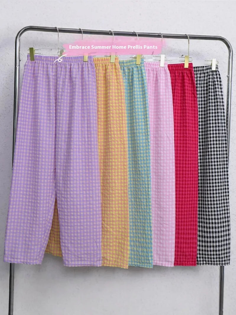 New Summer Loose Plaid Pants Pants Pants Thin Ins Korean Version of  Home Pants Casual Pajama Pants Wide-Legged Pants