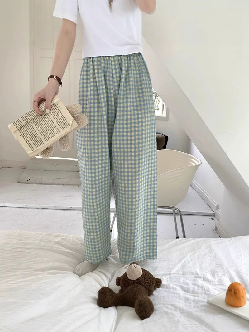 New Summer Loose Plaid Pants Pants Pants Thin Ins Korean Version of  Home Pants Casual Pajama Pants Wide-Legged Pants