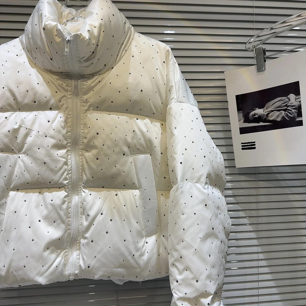 Winter Women Old Money Vintage Padded Jacket Rhinestone Puffer Jacket Stand Collar Outwear Old Money Thick Warm Luxury Aesthetic
