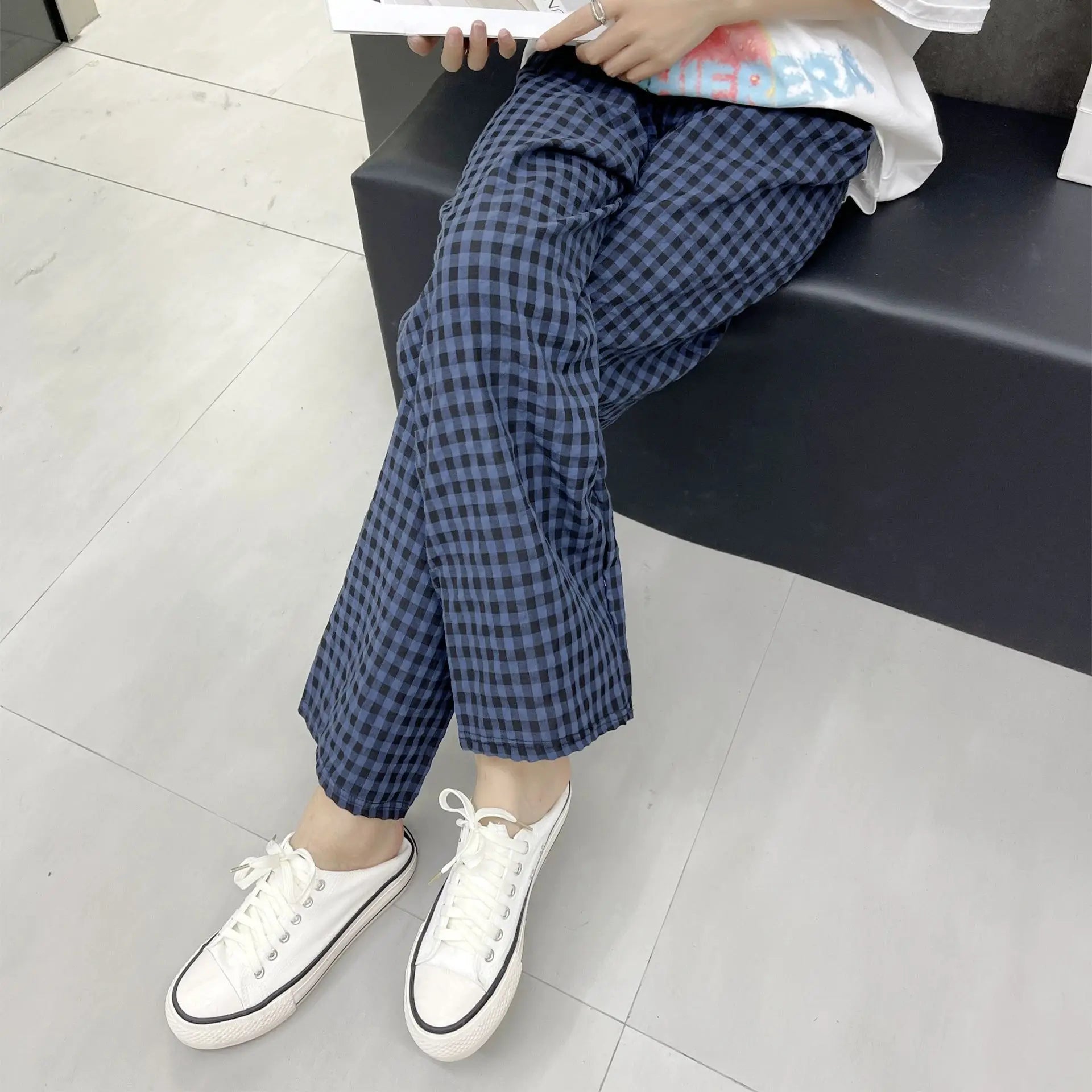 New Summer Loose Plaid Pants Pants Pants Thin Ins Korean Version of  Home Pants Casual Pajama Pants Wide-Legged Pants