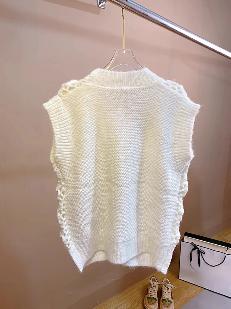 Women Handmade Rose 3D Floral Knit Cardigan 2024 Crochet Vest Old Money Style Feminine Sweater