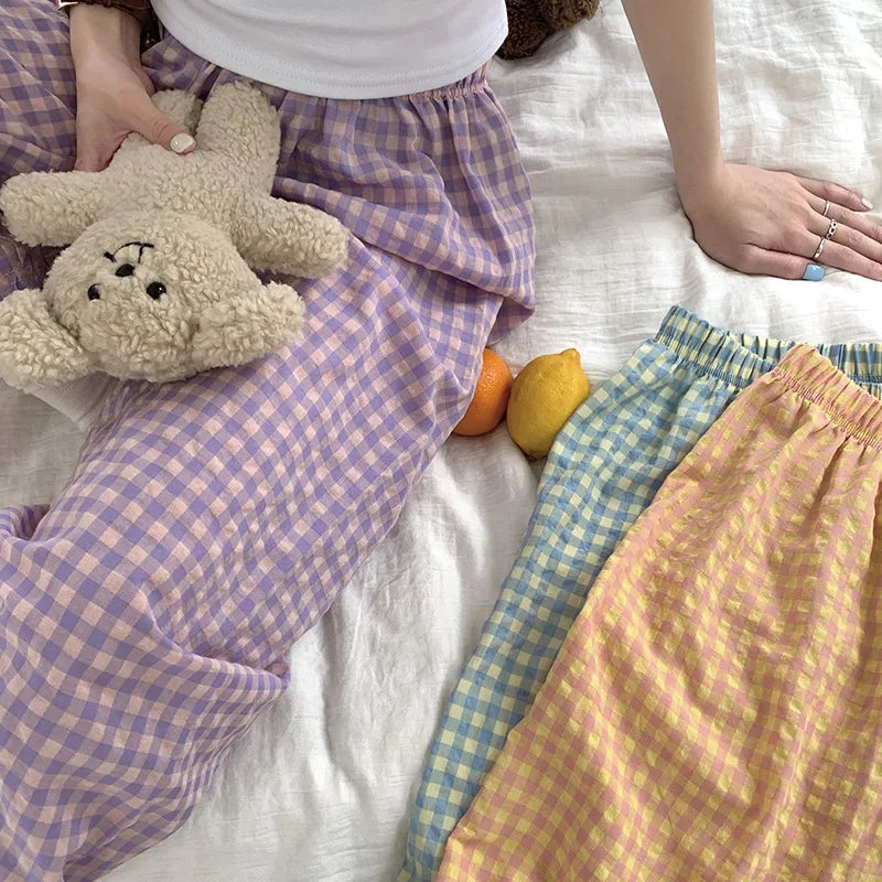 New Summer Loose Plaid Pants Pants Pants Thin Ins Korean Version of  Home Pants Casual Pajama Pants Wide-Legged Pants