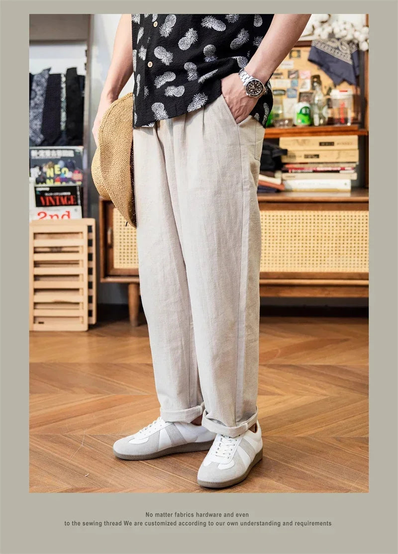 Red Tornado Old Money Aesthetic Linen Pants Men's Casual Pleated Trousers Loose Fit