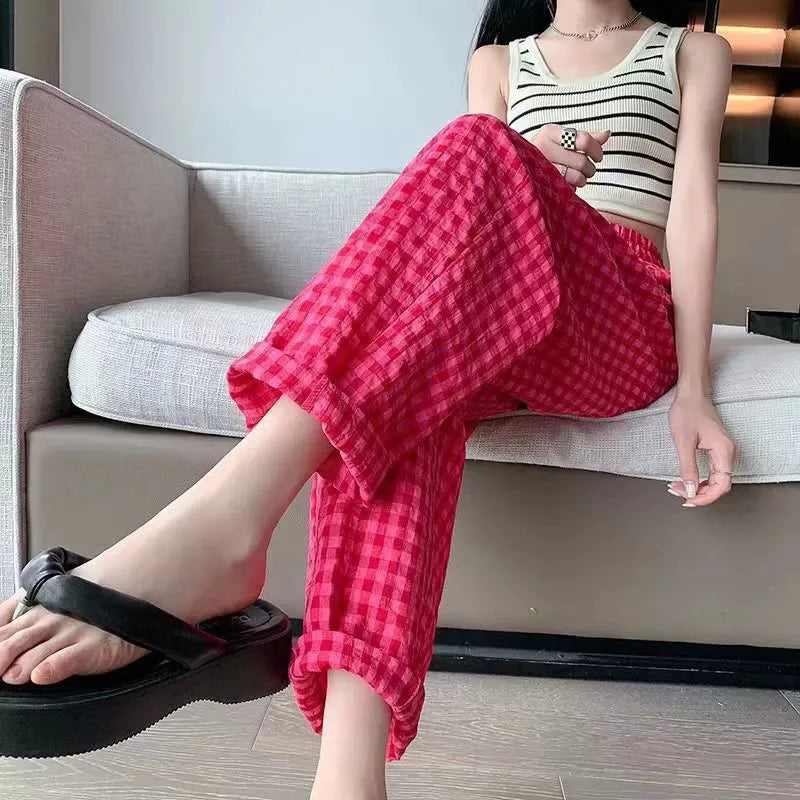 New Summer Loose Plaid Pants Pants Pants Thin Ins Korean Version of  Home Pants Casual Pajama Pants Wide-Legged Pants