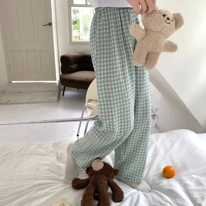 New Summer Loose Plaid Pants Pants Pants Thin Ins Korean Version of  Home Pants Casual Pajama Pants Wide-Legged Pants