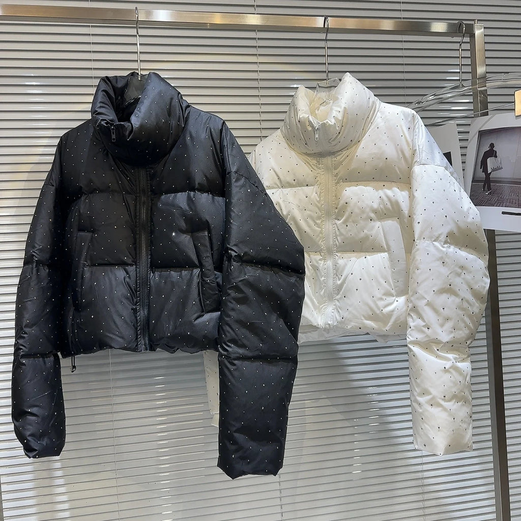 Winter Women Old Money Vintage Padded Jacket Rhinestone Puffer Jacket Stand Collar Outwear Old Money Thick Warm Luxury Aesthetic