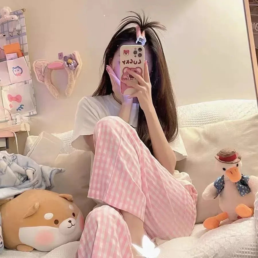 New Summer Loose Plaid Pants Pants Pants Thin Ins Korean Version of  Home Pants Casual Pajama Pants Wide-Legged Pants