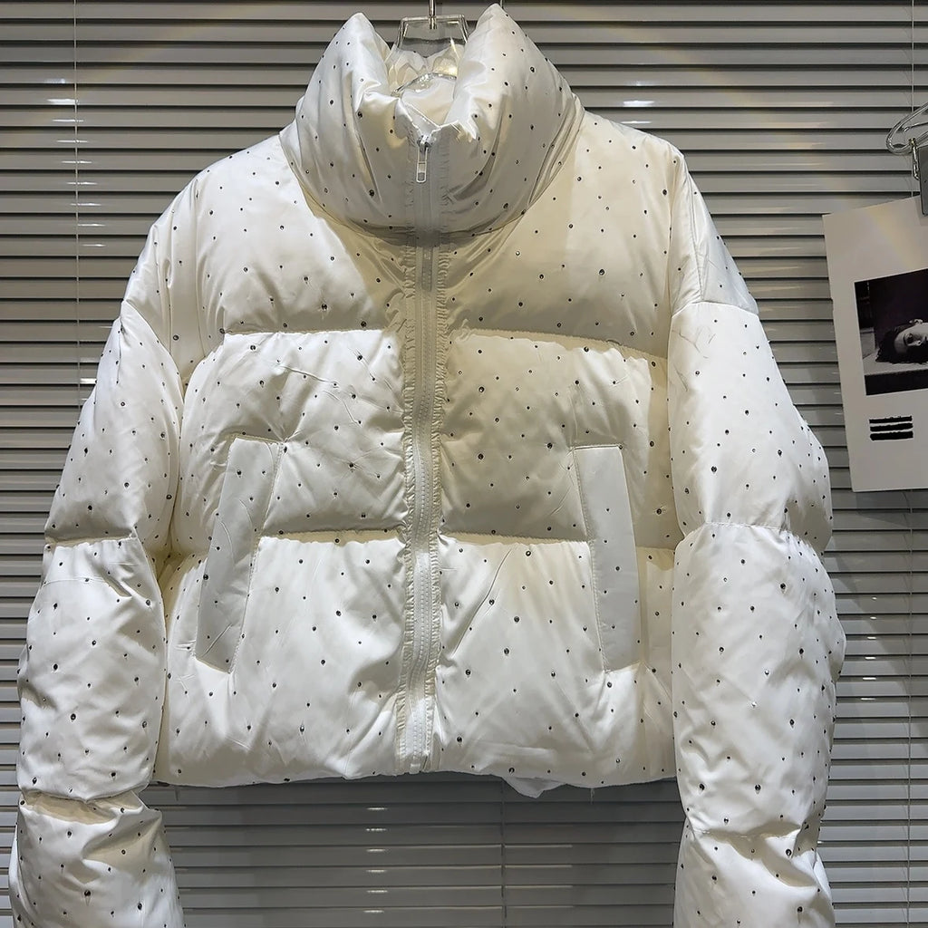 Winter Women Old Money Vintage Padded Jacket Rhinestone Puffer Jacket Stand Collar Outwear Old Money Thick Warm Luxury Aesthetic