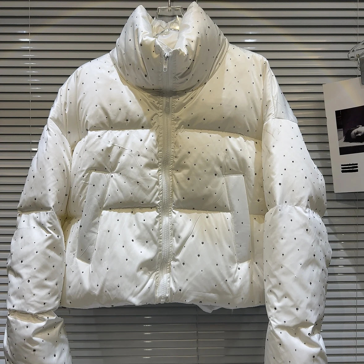 Winter Women Old Money Vintage Padded Jacket Rhinestone Puffer Jacket Stand Collar Outwear Old Money Thick Warm Luxury Aesthetic
