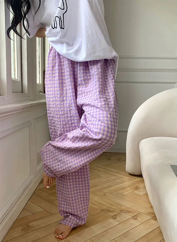 New Summer Loose Plaid Pants Pants Pants Thin Ins Korean Version of  Home Pants Casual Pajama Pants Wide-Legged Pants