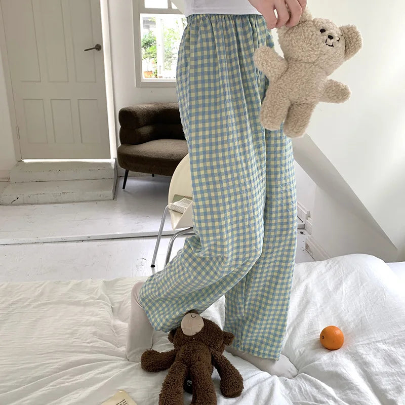 New Summer Loose Plaid Pants Pants Pants Thin Ins Korean Version of  Home Pants Casual Pajama Pants Wide-Legged Pants