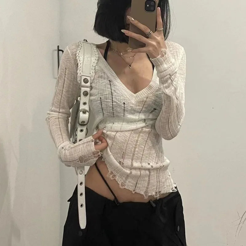 Deeptown Basic Women Sweater Short Sleeve Kintwear Slim Summer Pullovers Korean Fashion Kintted Tshirts Old Money Casual Jumper