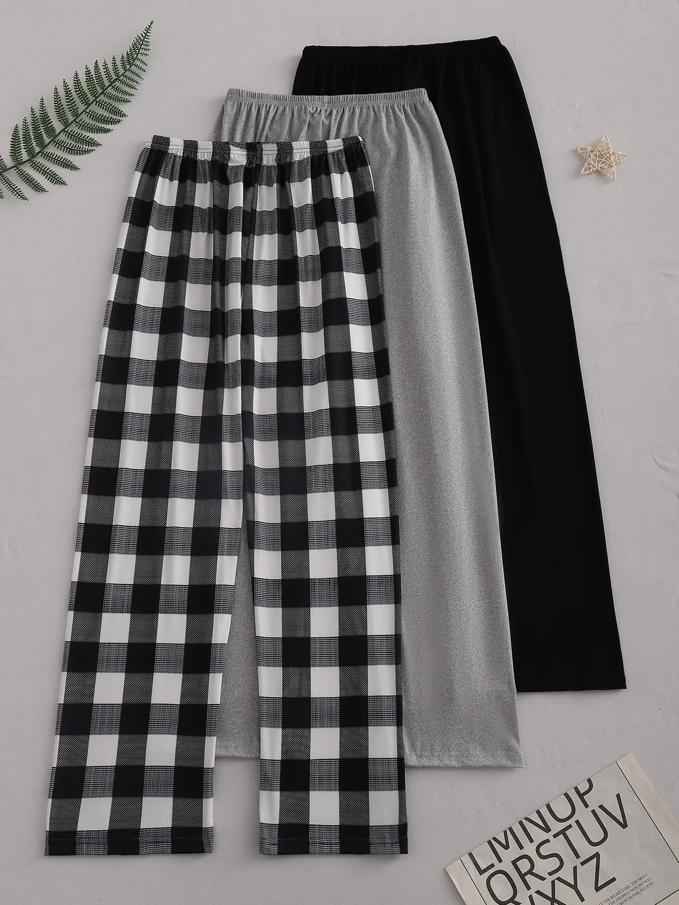 3Pcs Casual comfort simple pattern print black pants Gray pants plaid pants Three pants women's pajama pants