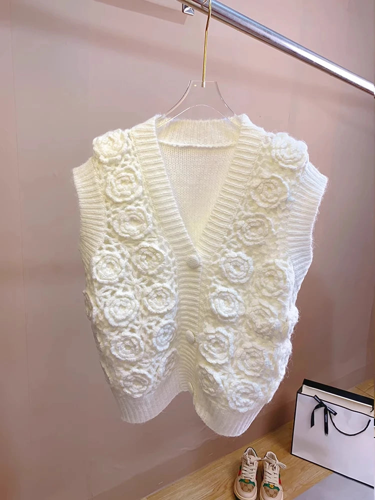 Women Handmade Rose 3D Floral Knit Cardigan 2024 Crochet Vest Old Money Style Feminine Sweater