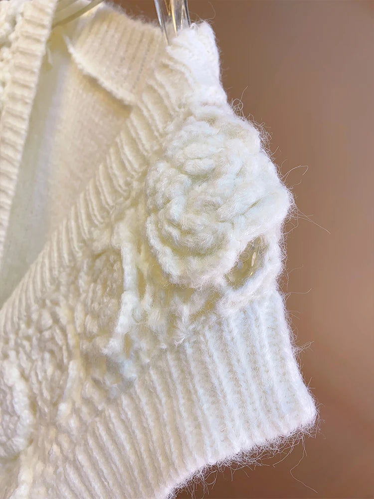 Women Handmade Rose 3D Floral Knit Cardigan 2024 Crochet Vest Old Money Style Feminine Sweater