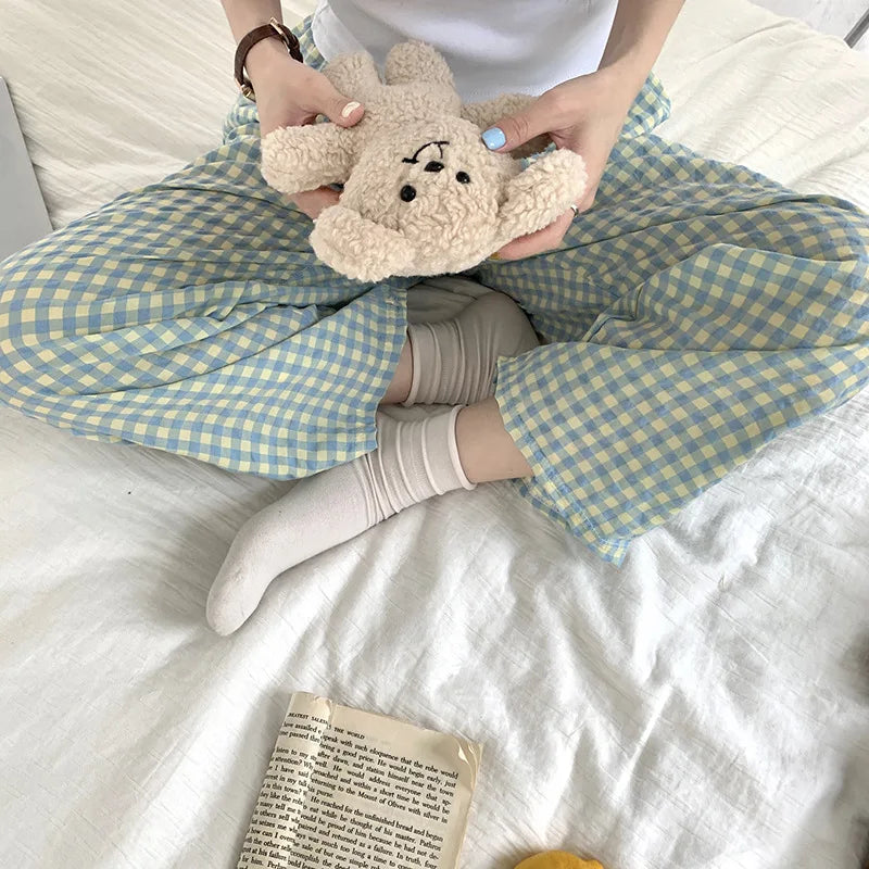 New Summer Loose Plaid Pants Pants Pants Thin Ins Korean Version of  Home Pants Casual Pajama Pants Wide-Legged Pants