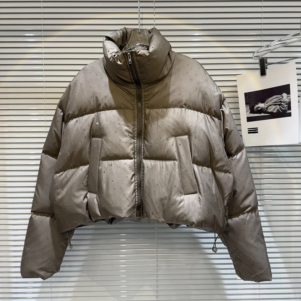 Winter Women Old Money Vintage Padded Jacket Rhinestone Puffer Jacket Stand Collar Outwear Old Money Thick Warm Luxury Aesthetic