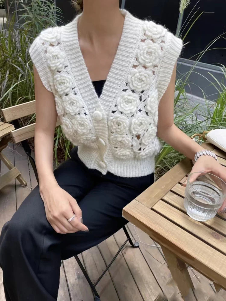 Women Handmade Rose 3D Floral Knit Cardigan 2024 Crochet Vest Old Money Style Feminine Sweater