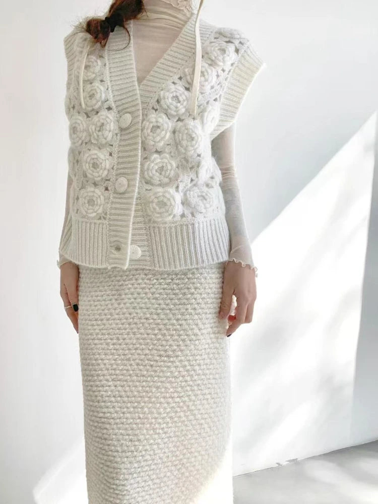 Women Handmade Rose 3D Floral Knit Cardigan 2024 Crochet Vest Old Money Style Feminine Sweater
