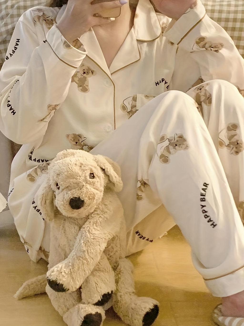 Cartoon Bear Print Pajama Set, Cute Lapel Long Sleeve Blouse Top & Elastic Waistband Pants, Women's Loungewear & Sleepwear