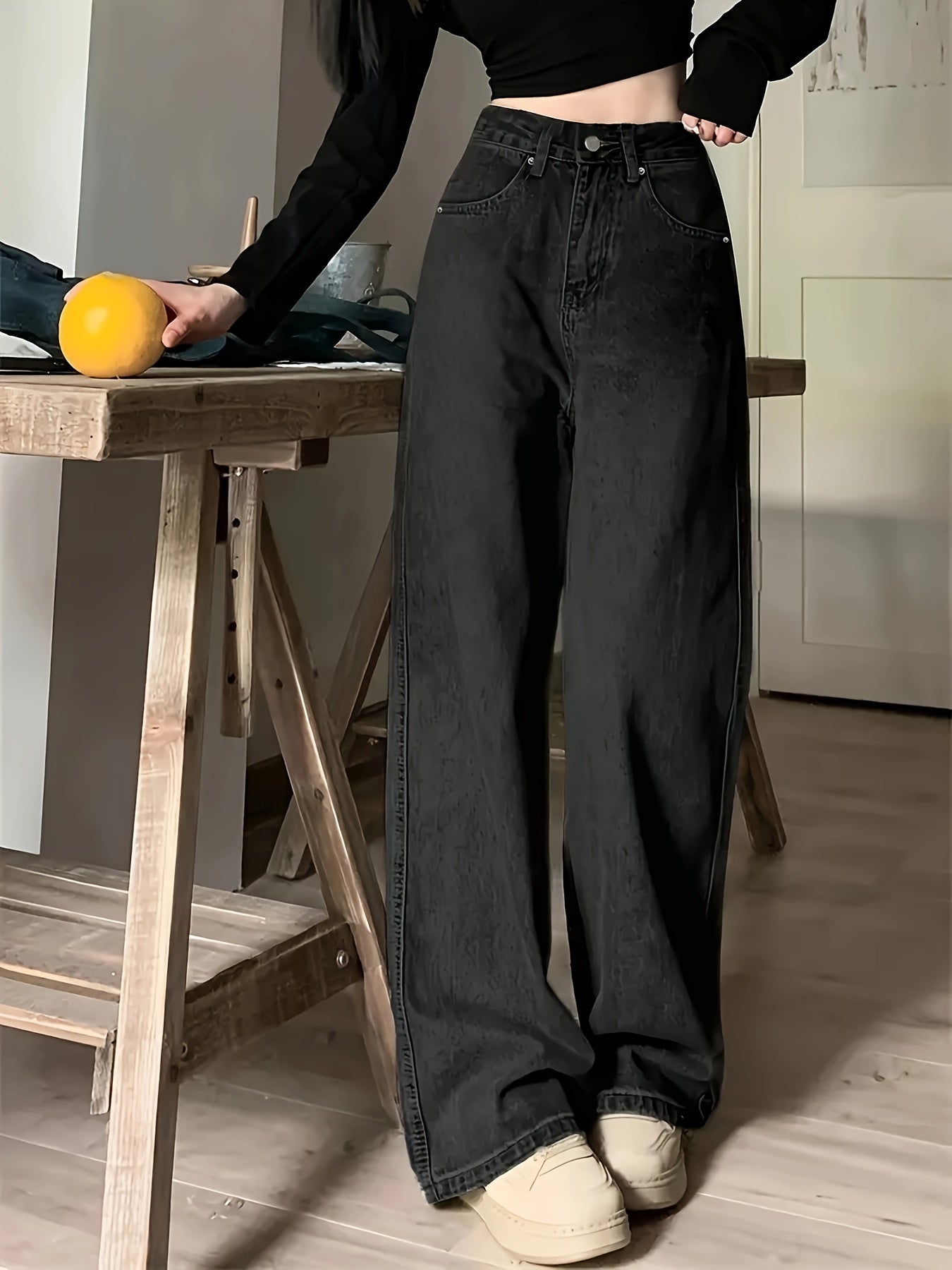 Vintage Wide Leg Jeans, Slant Pocket Loose Stylist Streetwear Baggy Denim Pants, Women's Denim Jeans & Clothing