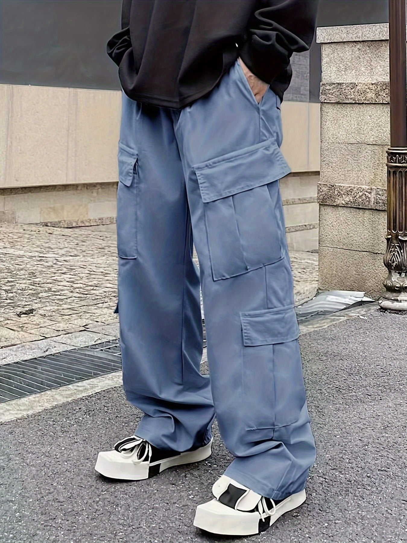 Solid Multi Flap Pockets Men's Straight Leg Cargo Pants, Loose Casual Outdoor Pants, Men's Work Pants Baggy Pants Trendy Streetwear K-pop