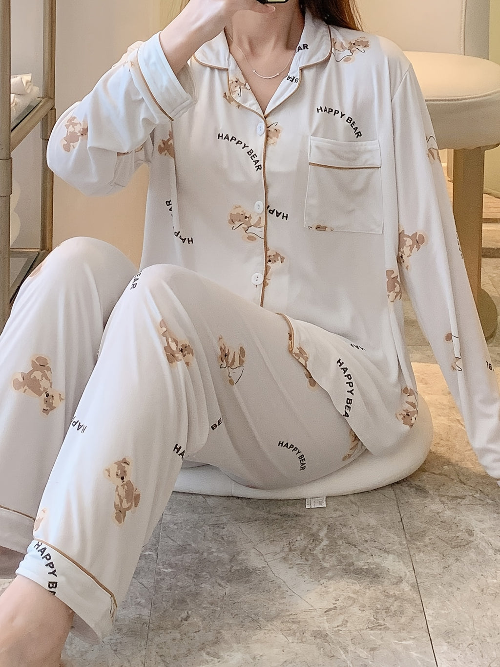 Cartoon Bear Print Pajama Set, Cute Lapel Long Sleeve Blouse Top & Elastic Waistband Pants, Women's Loungewear & Sleepwear